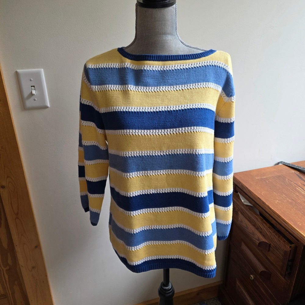 Vintage Talbots Striped Cotton Knit Sweater Blue Yellow Boat Neck XL Maximalist